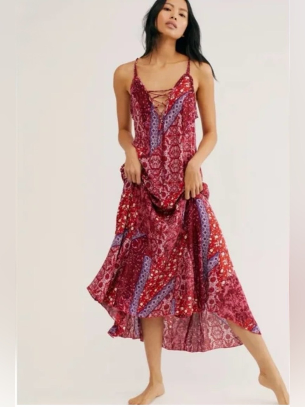 Free People Work of Art Maxi Slip Dress Ruby Combo Lace Up Boho Size L NWT